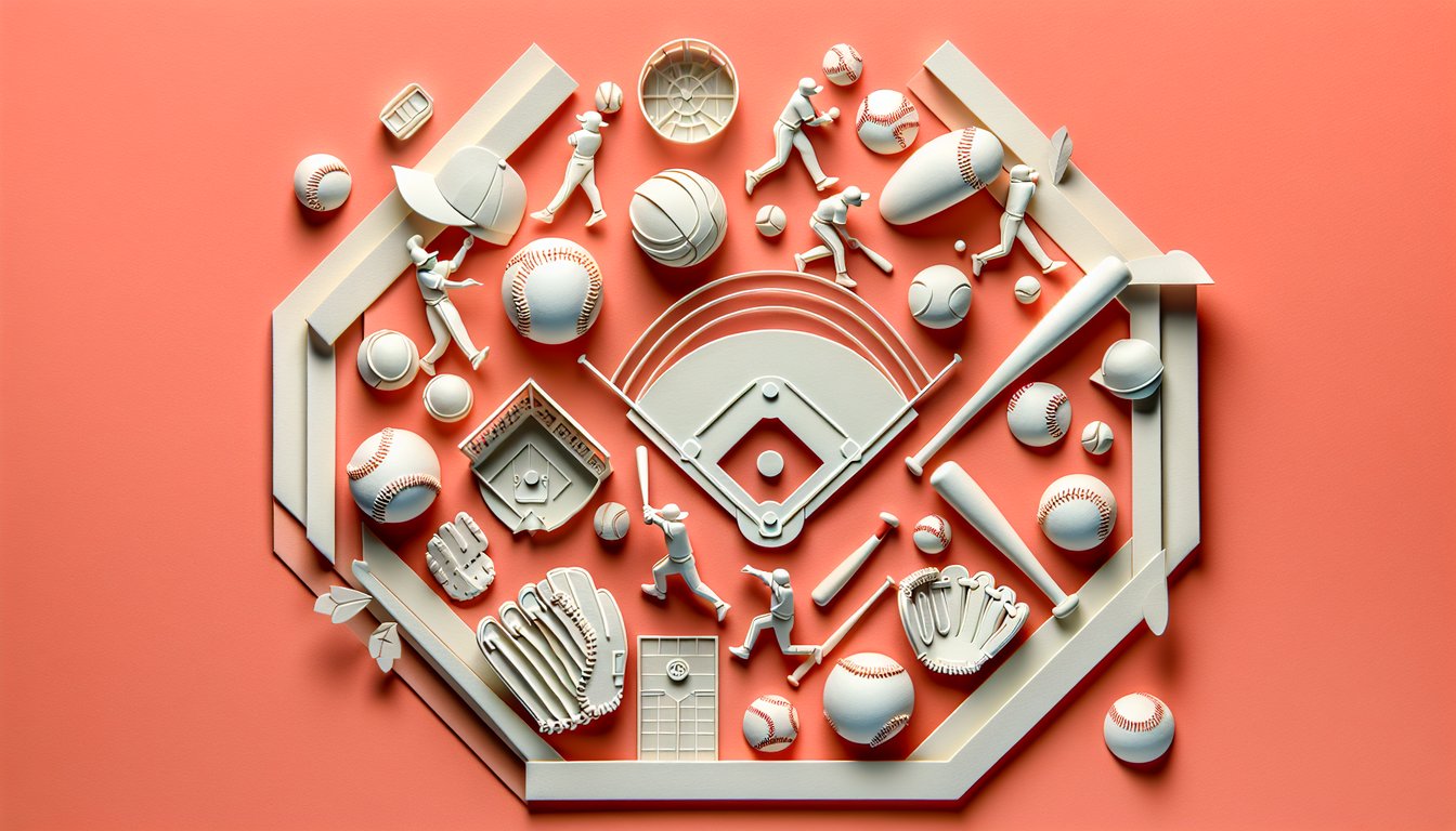 Paper art illustration for a kids baseball trivia quiz on a coral background