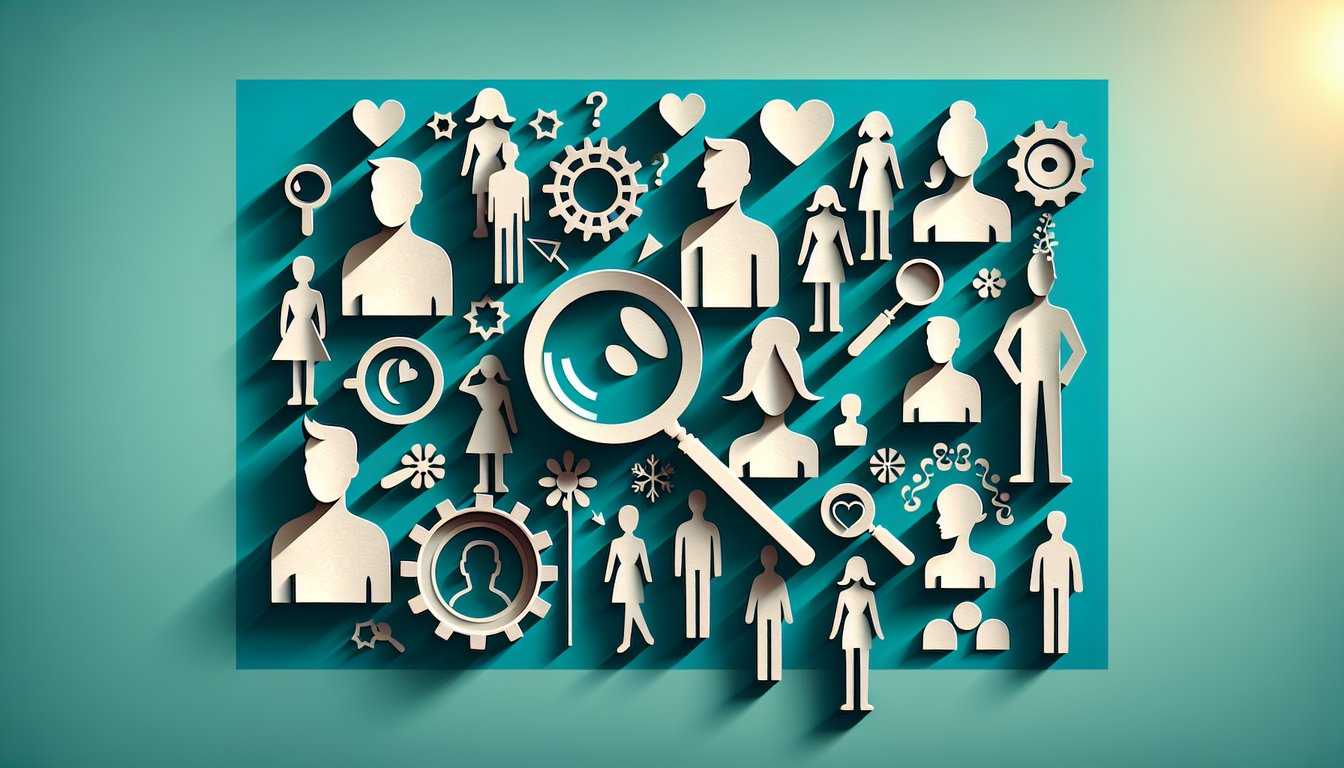 Paper art illustration for celebrity lookalike quiz on teal background featuring silhouettes, icons, question marks.