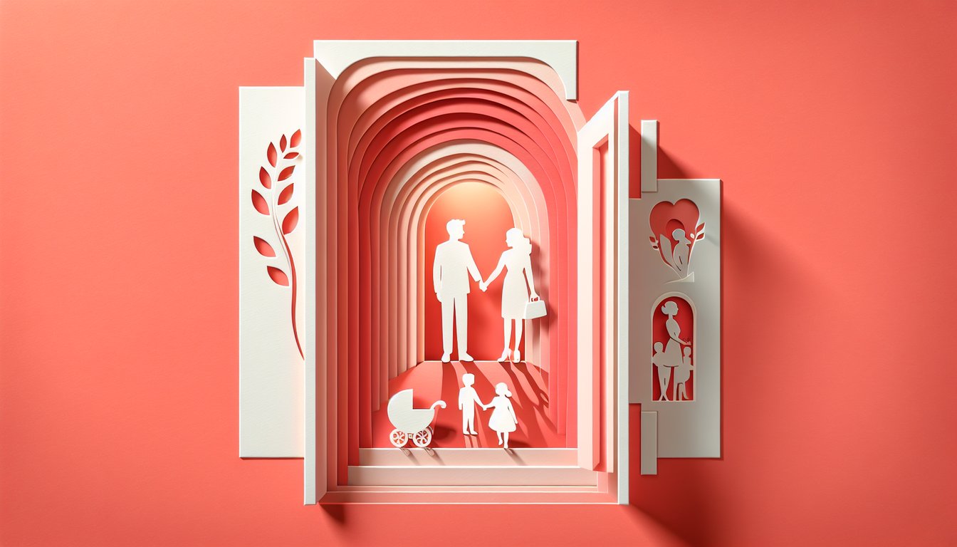 Paper art illustration for quiz about future marriage and parenthood possibilities on coral background