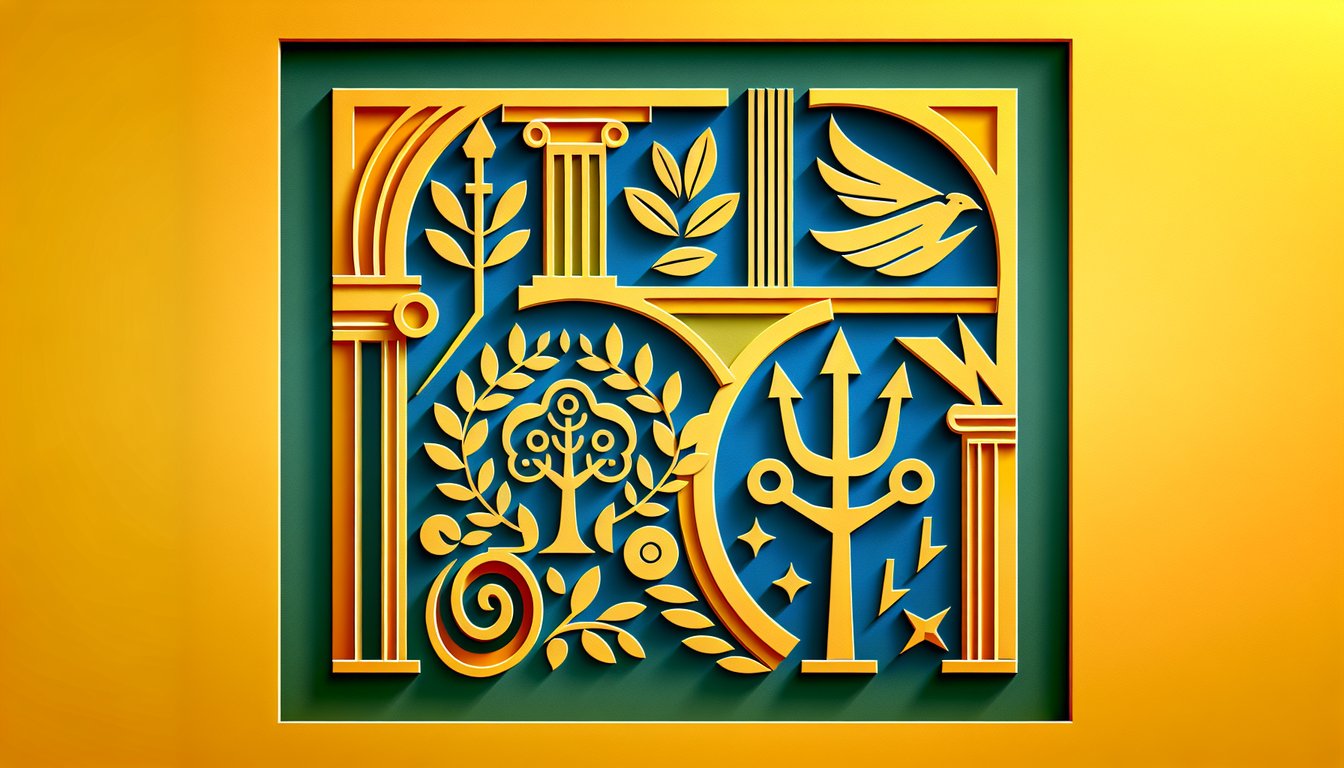 Paper art of Greek god symbols with wings lightning bolt trident on golden yellow background for demigod quiz