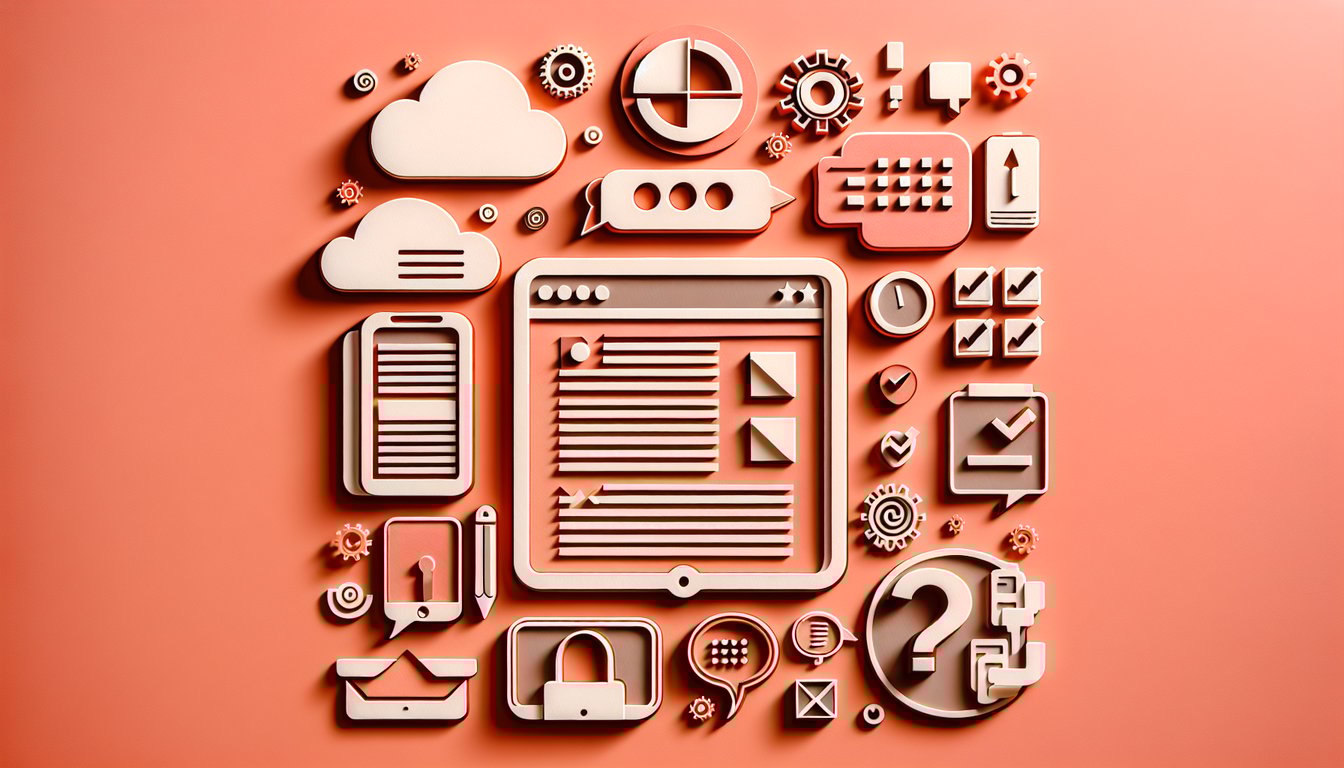 Paper art illustration featuring quiz letters and playful icons on coral background