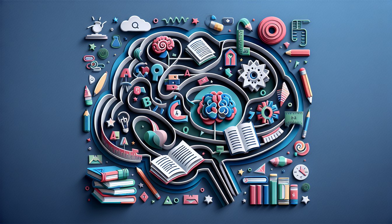 Paper art style school supplies grammar icons and text bubbles on dark blue background for free 3rd grade English quiz.