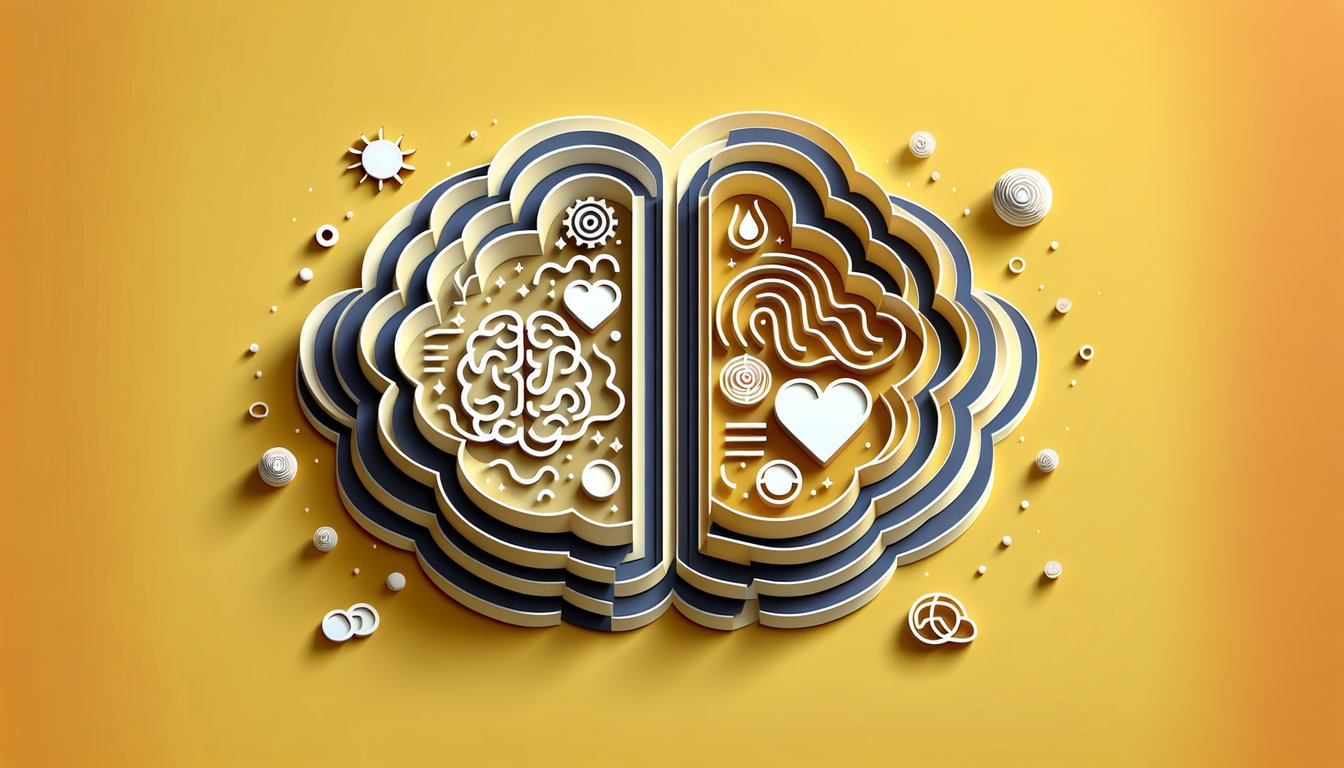 Paper art illustration for personality quiz exploring thinker vs feeler styles on a golden yellow background.