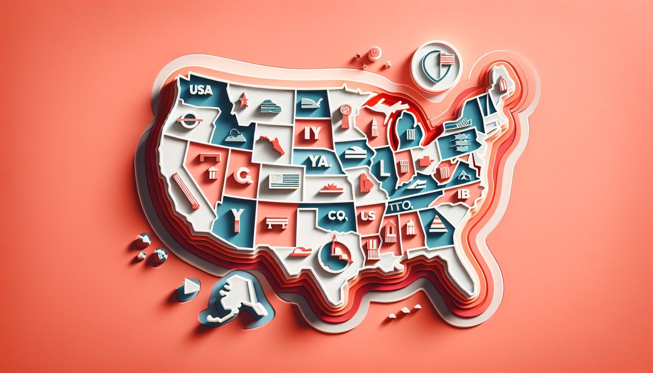 Colorful paper art map of US states on coral background with floating state shapes inviting a geography quiz
