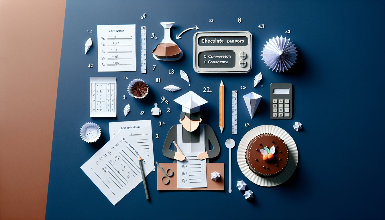 Paper art for trivia quiz about Chocolate Cake Conversions challenging high school students math skills.