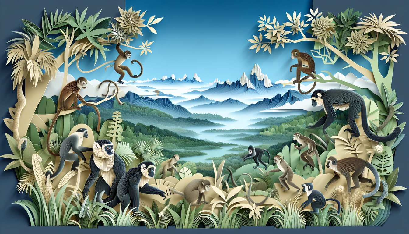 Paper art scene showing primates in leafy treetops, against sky blue backdrop for primate habitats knowledge quiz.