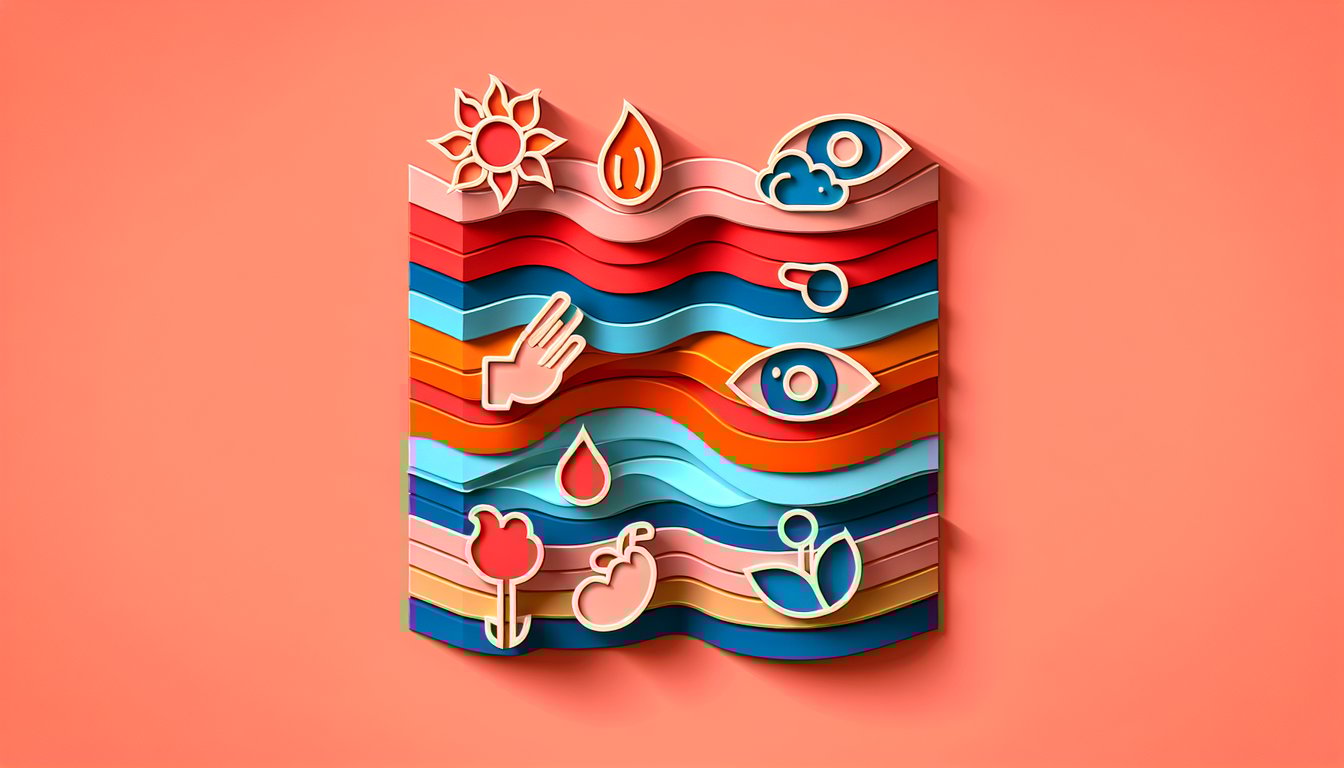 Paper art style Grade 3 five senses quiz poster with icons for sight hearing smell taste touch on coral background