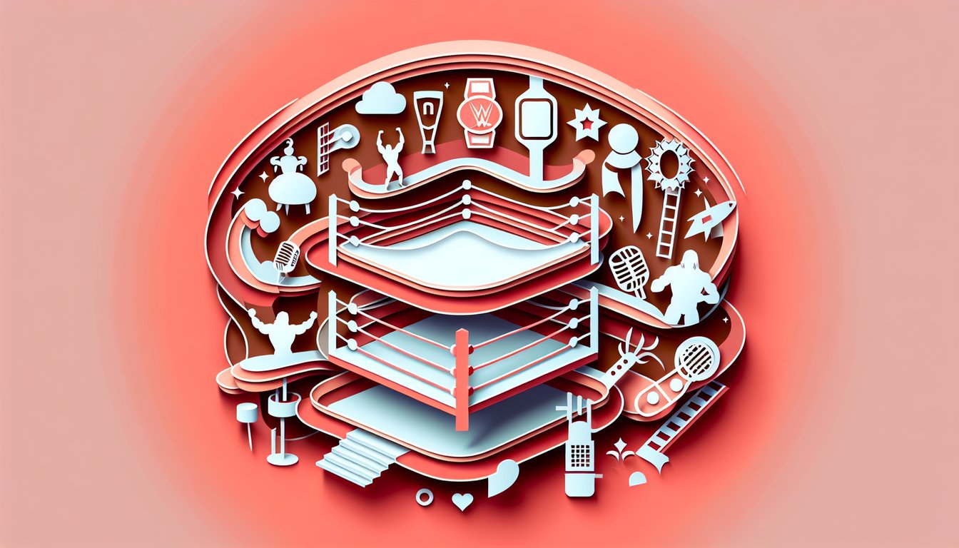 Paper art illustration for WWE wrestler personality quiz on a coral background