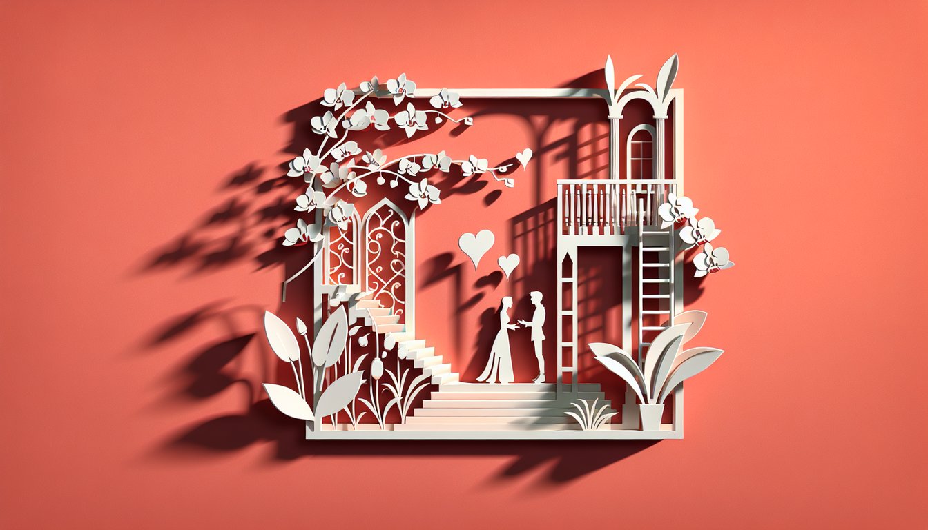 Paper art depiction of Romeo and Juliet Act II Scene I balcony meeting scroll quill quiz symbol on coral background
