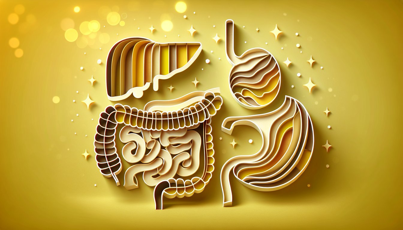 Paper art digestive organs on golden yellow background, quiz on digestive system medical terminology