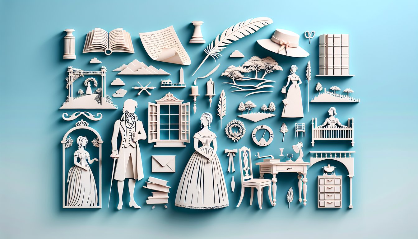 Paper art quill and open book on sky blue background with text Free Jane Austen quiz test your novels characters and wit