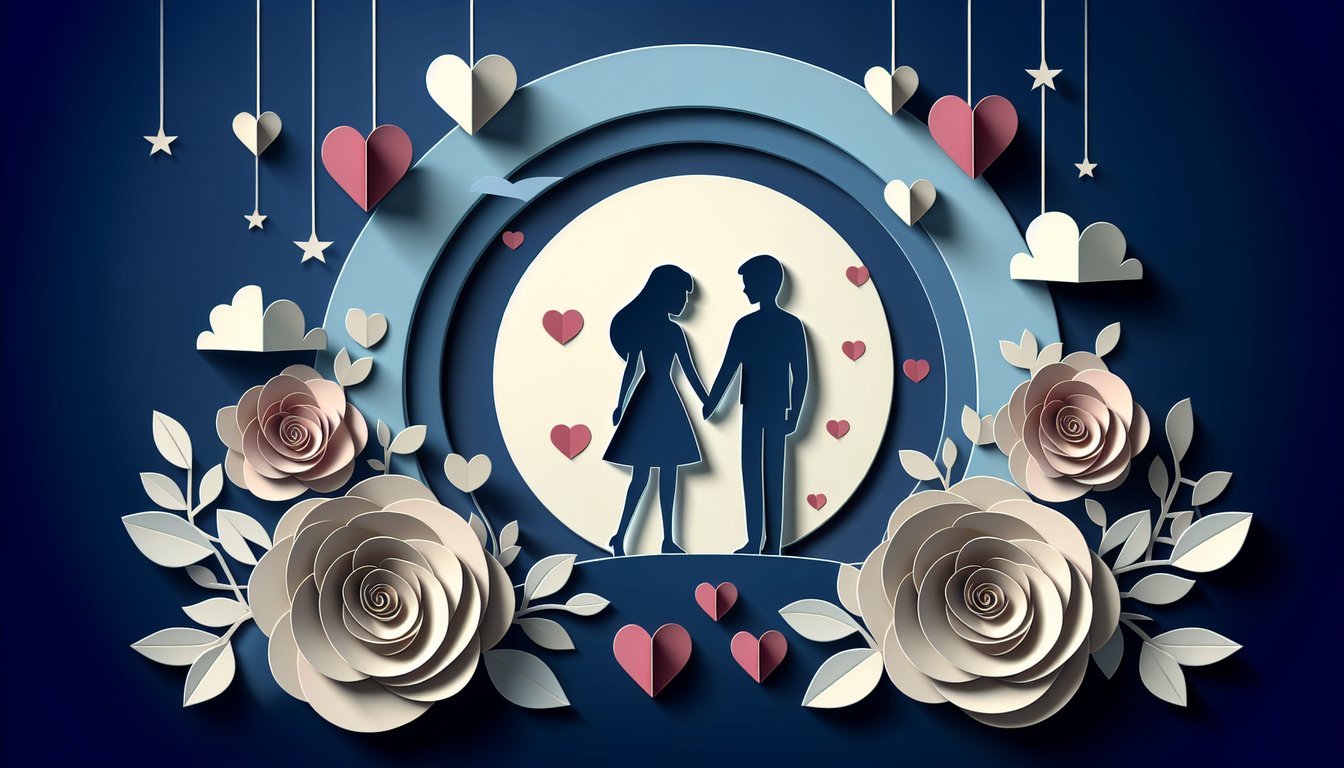 Paper art illustrating a love quiz on a dark blue background