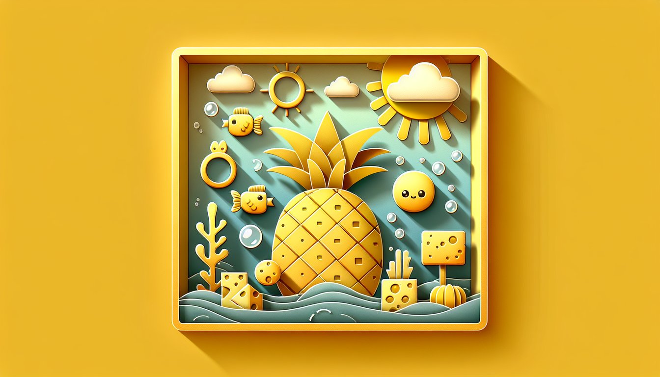 Paper cut style SpongeBob inspired character with holes and crusty face details for free quiz on golden yellow background