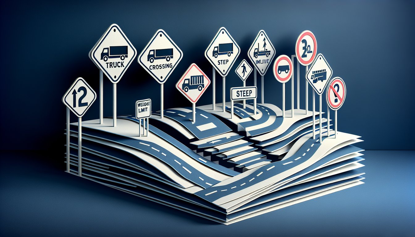 Paper art illustration of truck road signs with quiz title on dark blue background.