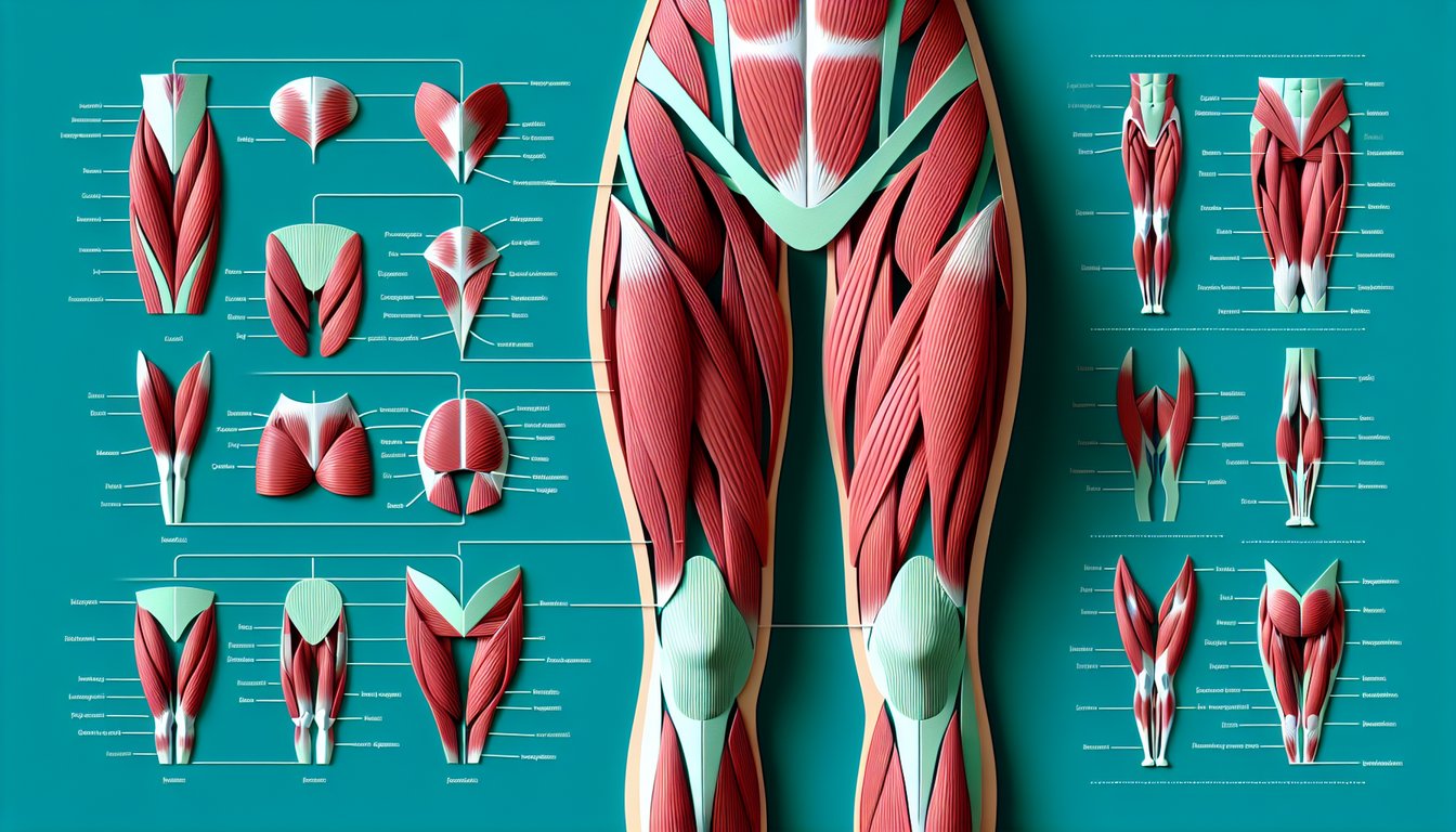 Paper cutout style anterior thigh muscle diagram, teal background, labeling quiz challenge