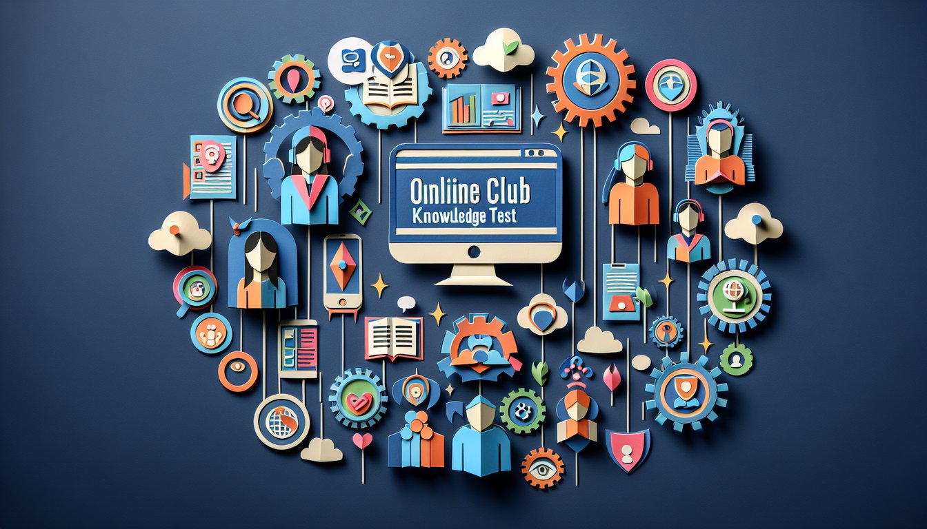 Colorful paper art depicting elements related to Online Club Training Knowledge Test quiz