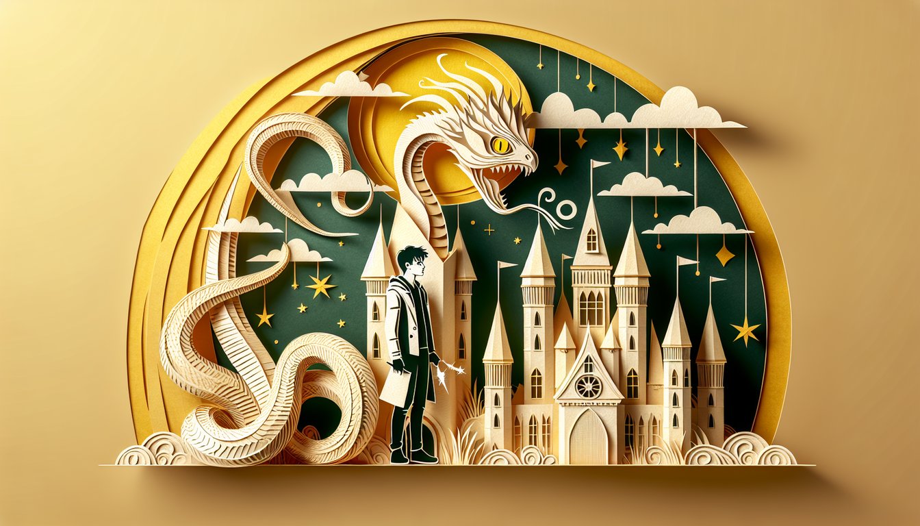 Paper art illustration of open book serpent wand Harry Potter and the Chamber of Secrets quiz on golden yellow background