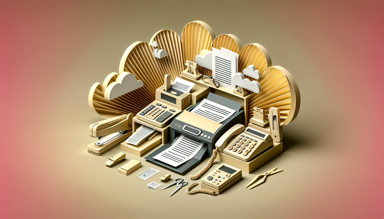 Paper art style fax machine with floating documents on a golden yellow background for a free office equipment trivia quiz