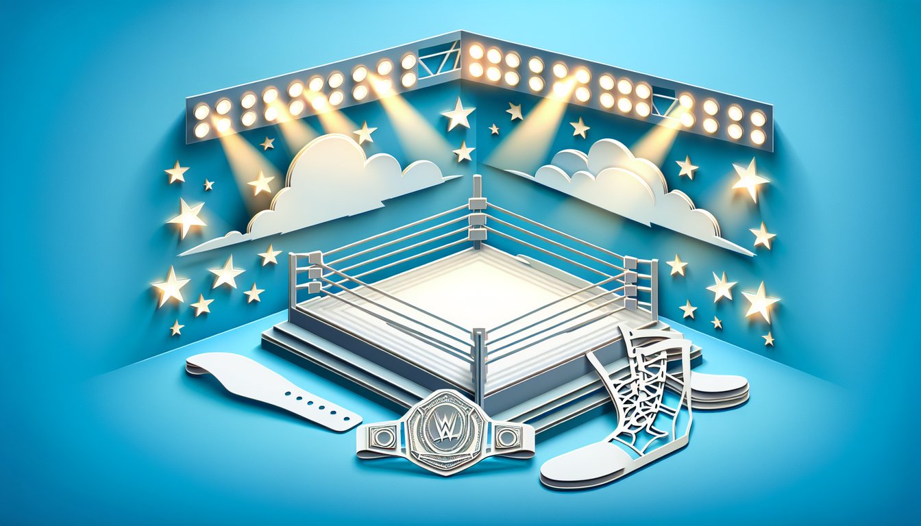 Paper art illustration for free WWF trivia quiz on a sky blue background.