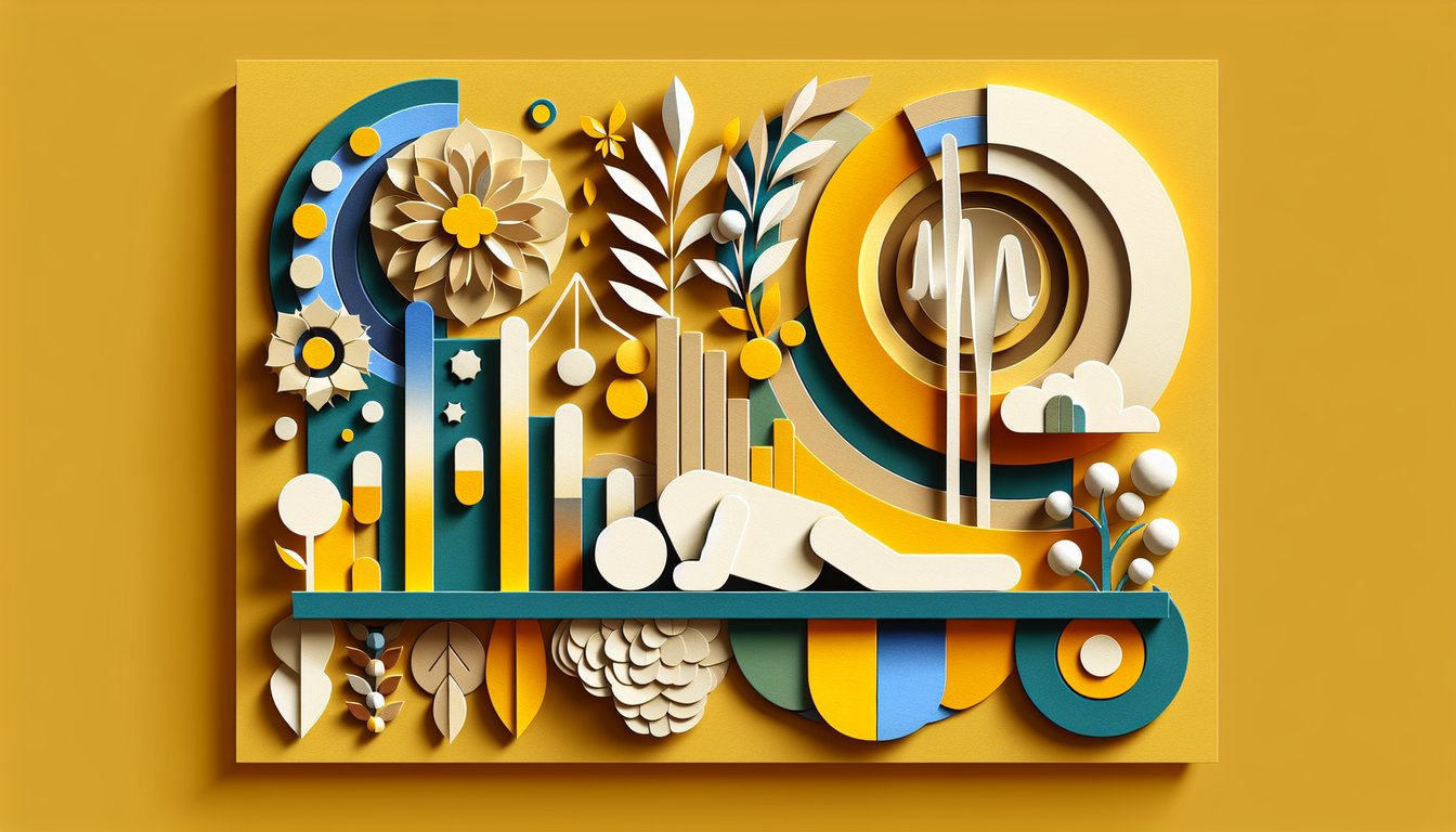 Paper art scene showing exhausted person clutching checklist with energy symbols on golden yellow background