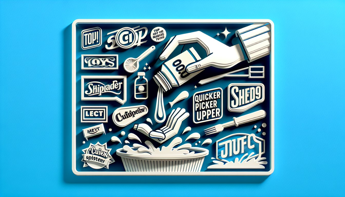Paper art quiz featuring advertising slogans with Quicker Picker Upper and iconic brand phrases on a sky blue background