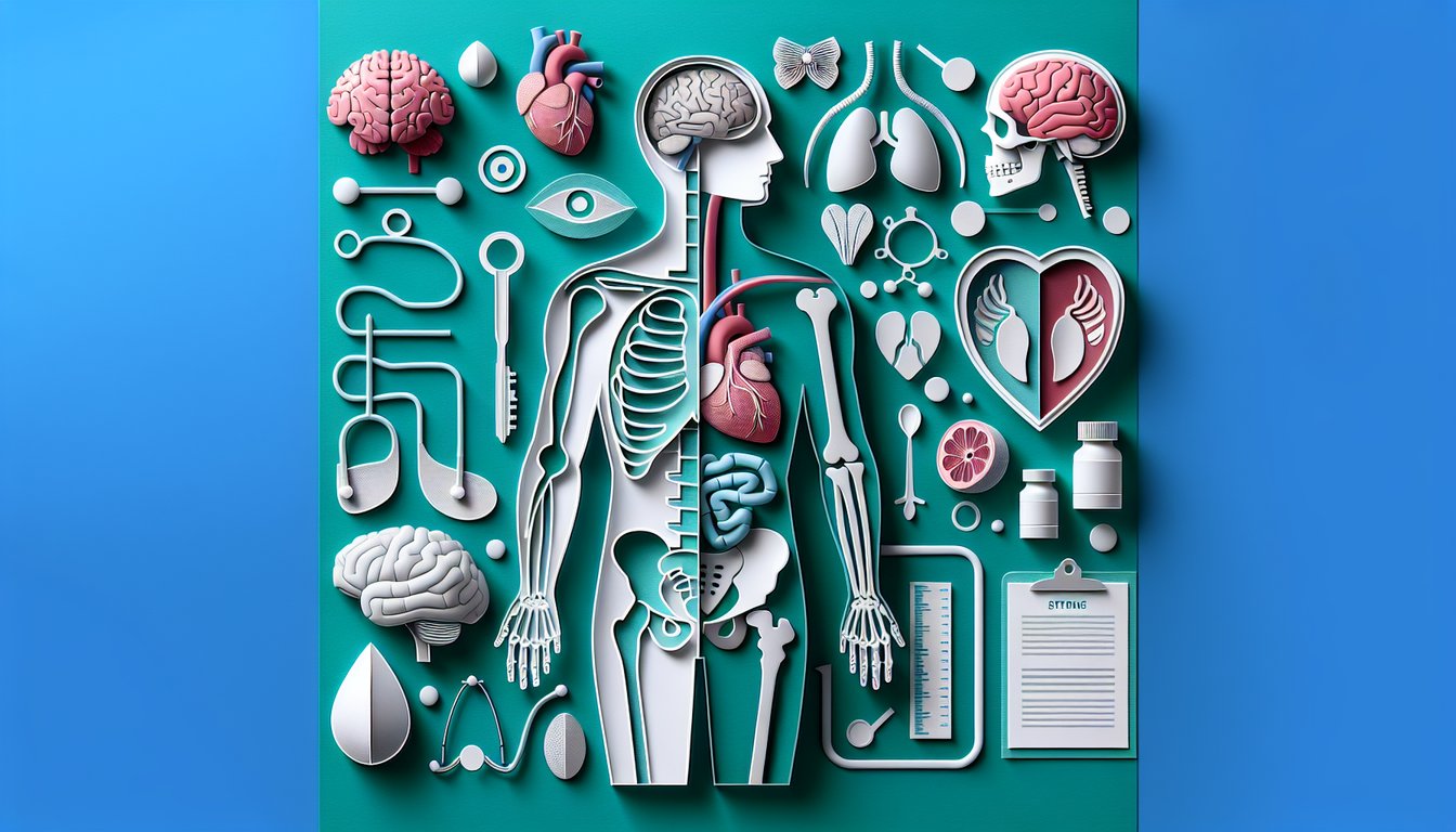 Paper cutout illustration of stylized human organs bones and body parts arranged around quiz title on teal background.