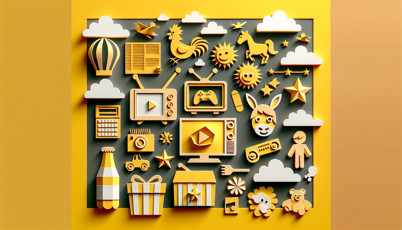 Paper cutout cartoon characters and TV icons frame quiz title on golden yellow background for kids TV trivia challenge