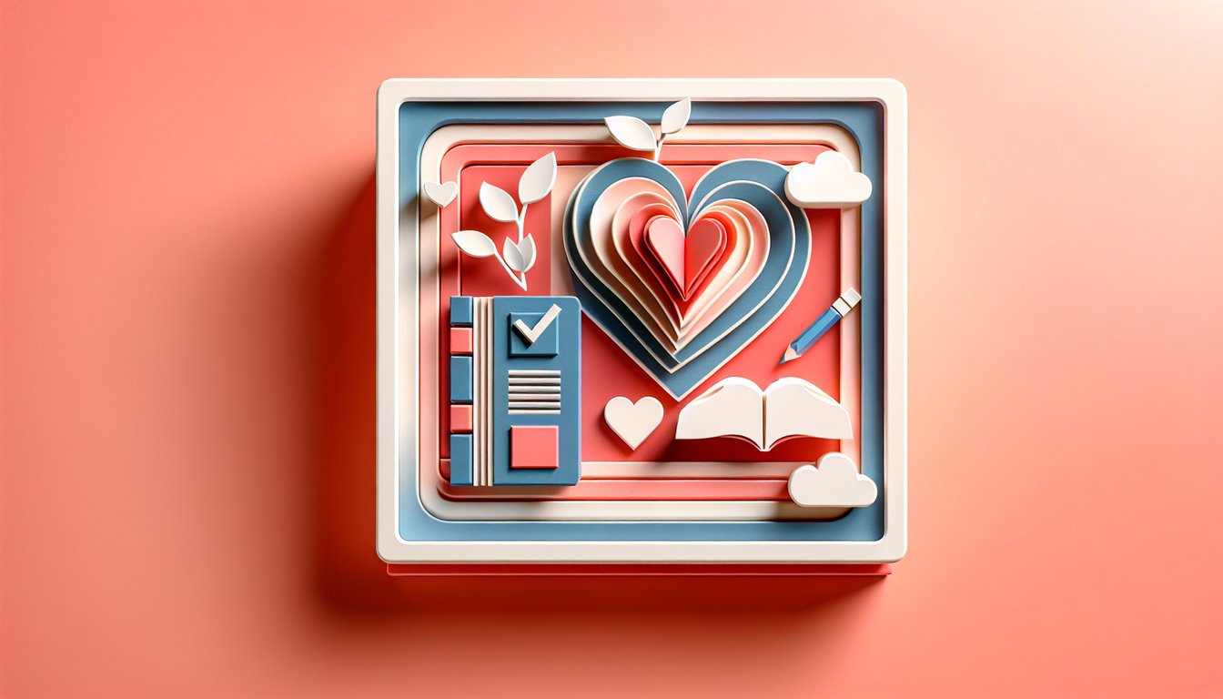 paper art heart and text announcing Free Love Character Test on coral background with playful paper cut shapes