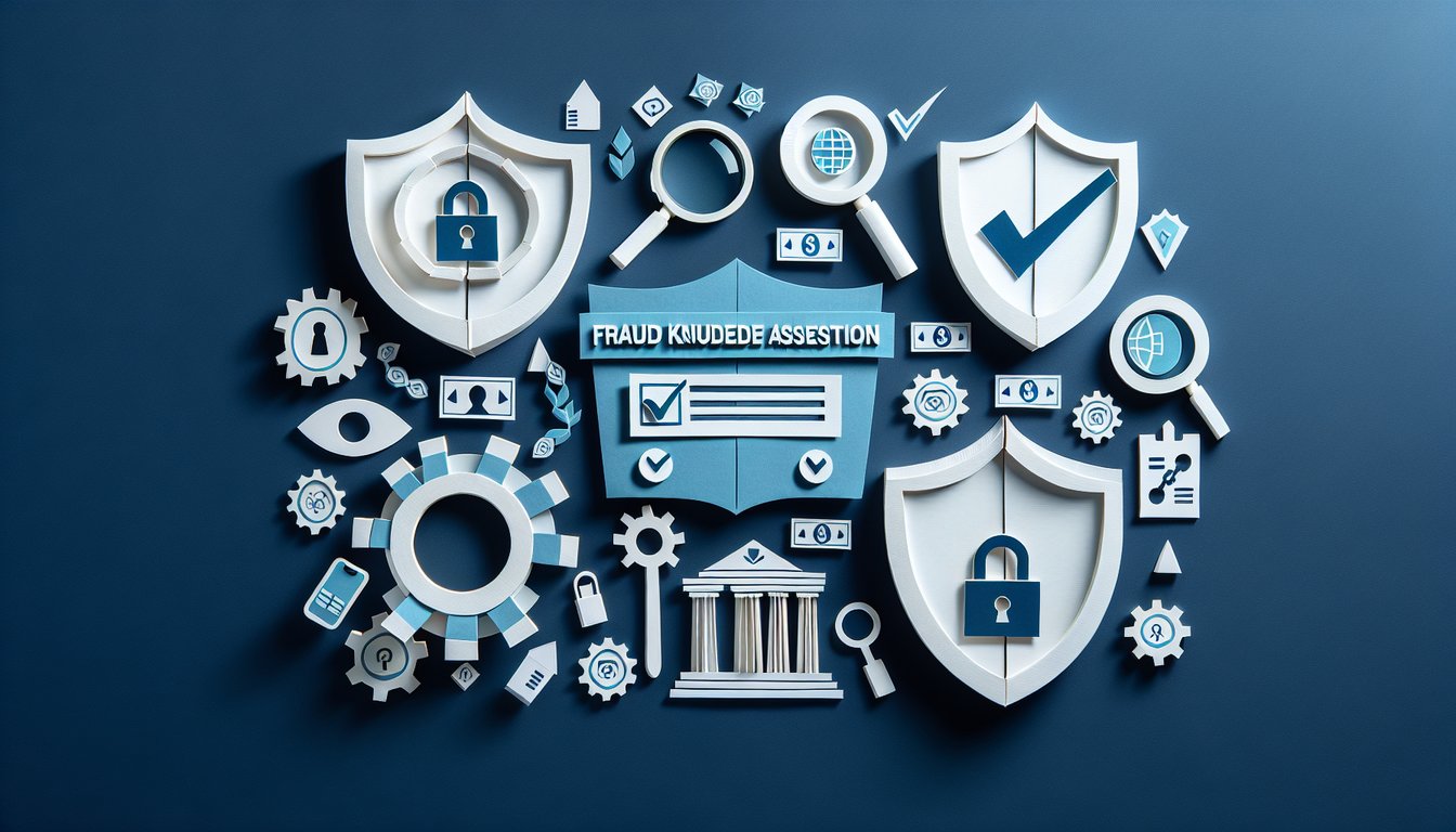 Colorful paper art depicting elements related to a Fraud Protection Knowledge Assessment quiz.