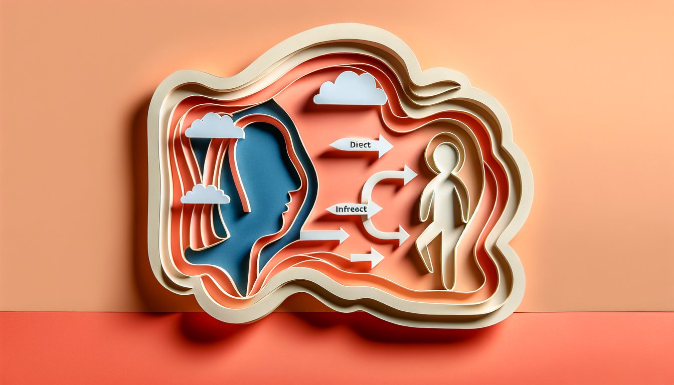 Paper art book and magnifying glass with speech bubbles on coral background for indirect vs direct characterization quiz