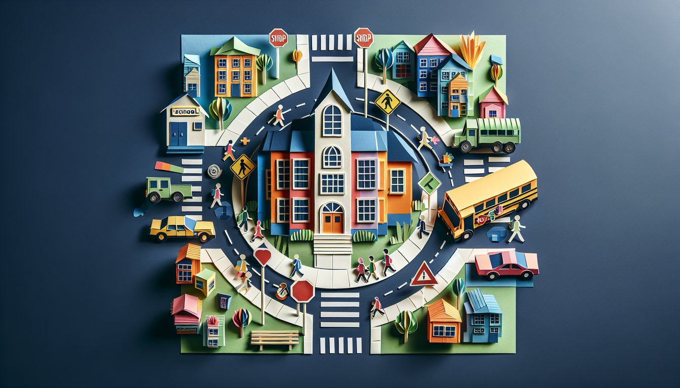 Paper art promoting a trivia quiz on High-Risk School Routes for middle school students.