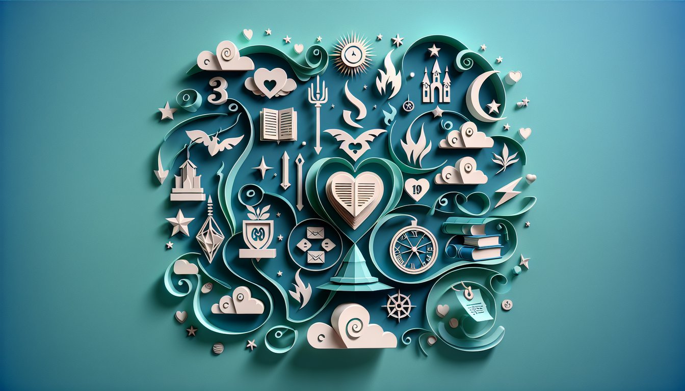Paper cut art showing magic wand glasses hearts and wizard hat on teal background for Hogwarts romance quiz