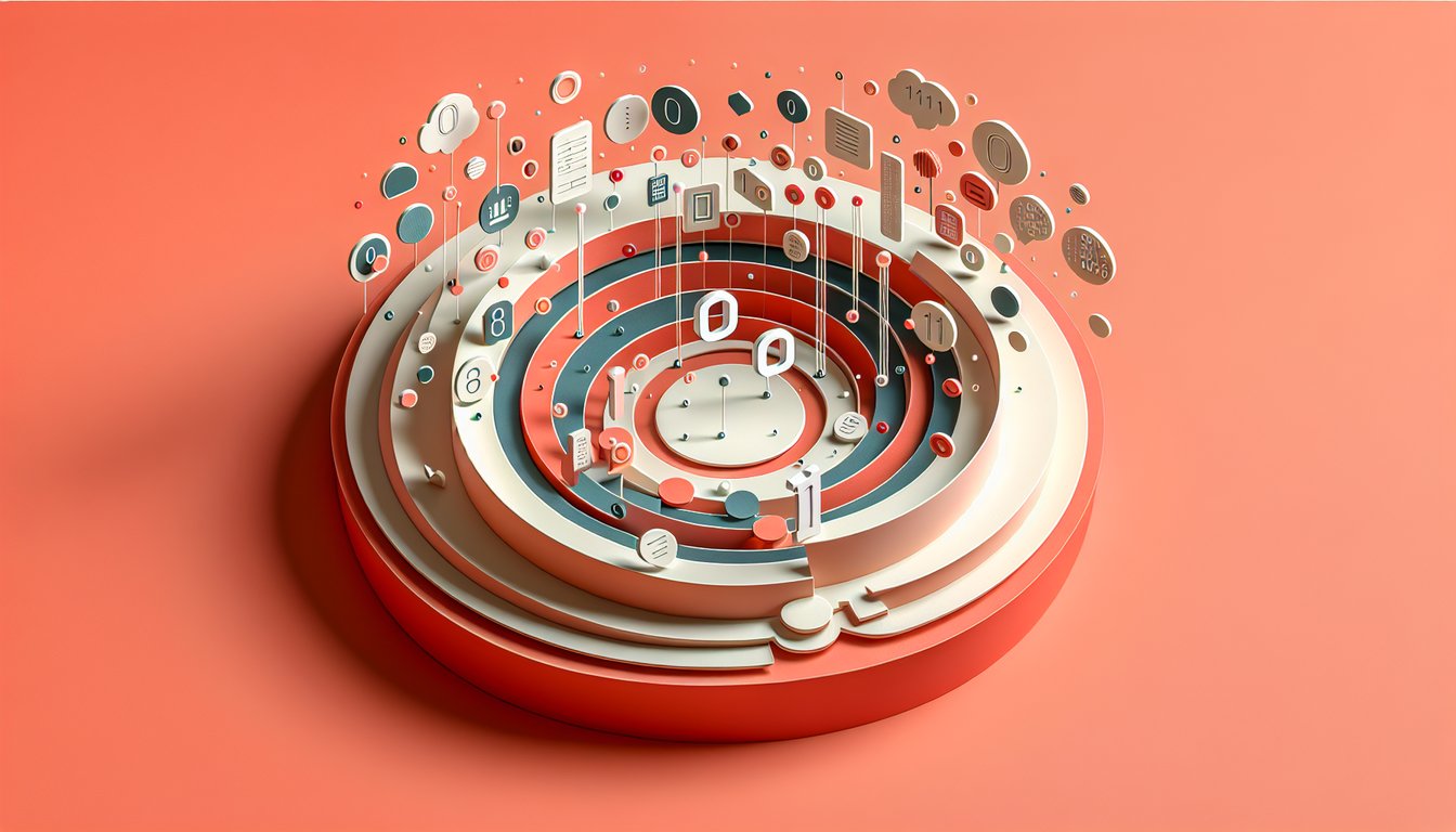 Paper art illustration of digits and binary code on a coral background for a quiz on converting numbers to zeros and ones