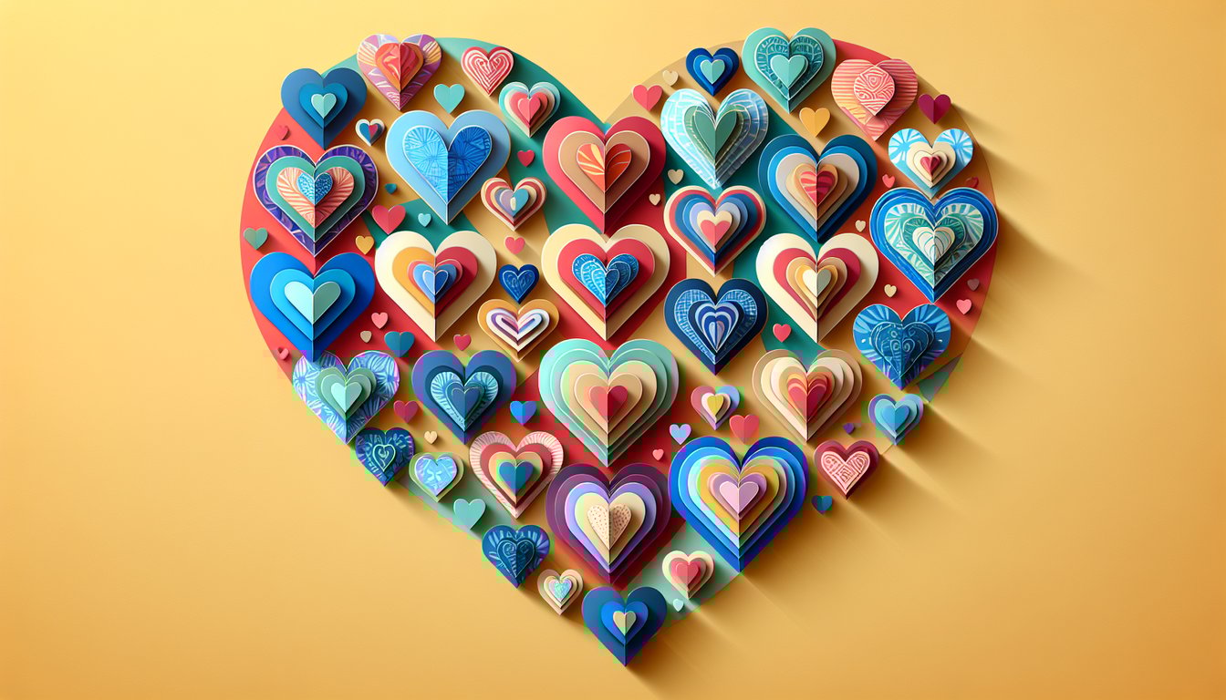 Paper art layered heart shapes in bright colors on a golden yellow background for a fun heart color quiz.