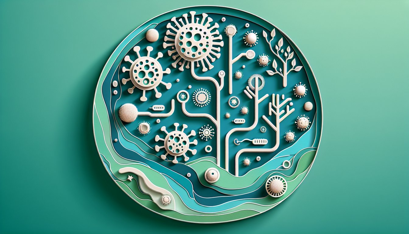 paper art viruses life cycle classification icons and quiz title text on teal background