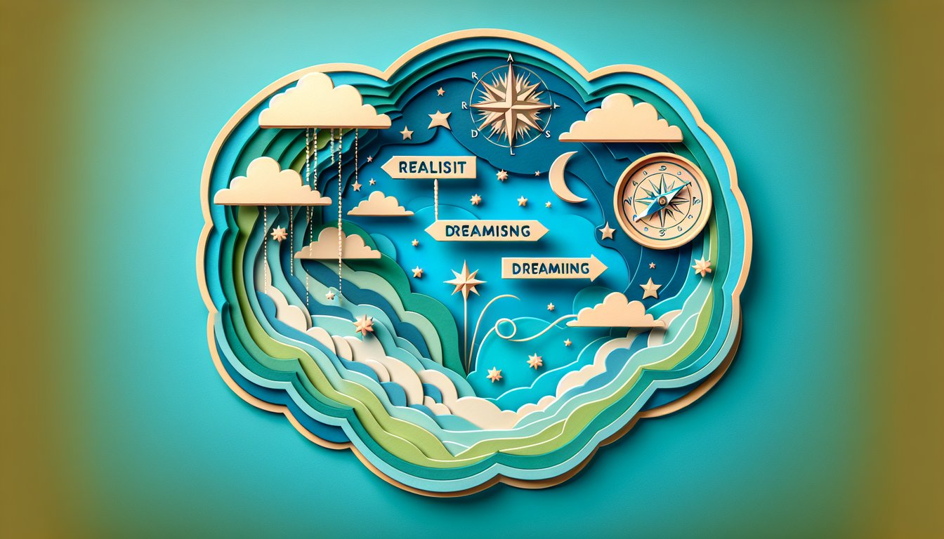 Paper art illustration for realism test quiz on a teal background