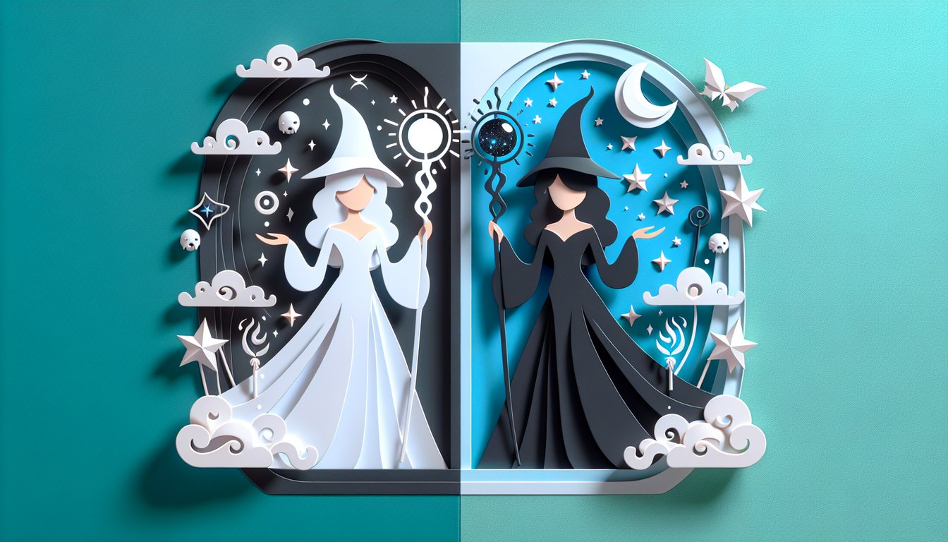 Paper art illustration for witch-themed personality quiz on a teal background