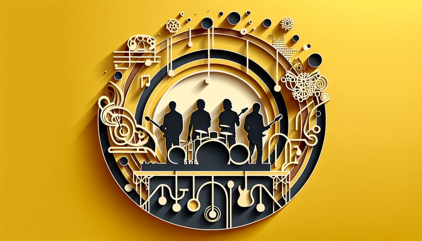 Paper art illustration of a Nirvana band motif quiz shows which vibe Kurt Dave or Krist matches on a golden yellow background