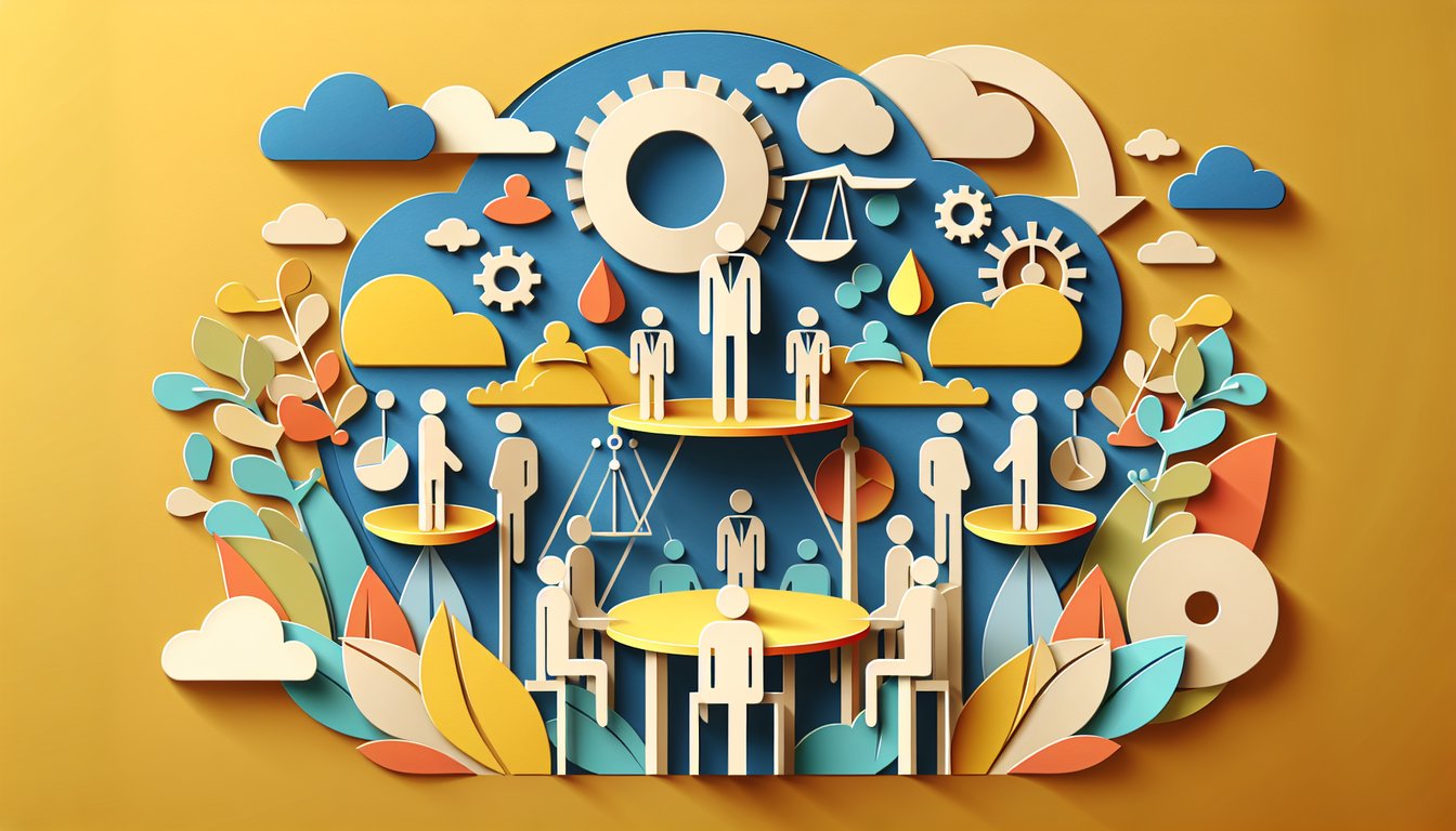 Paper art puzzle brain above team holding gears symbolizing leadership decision making on golden yellow background