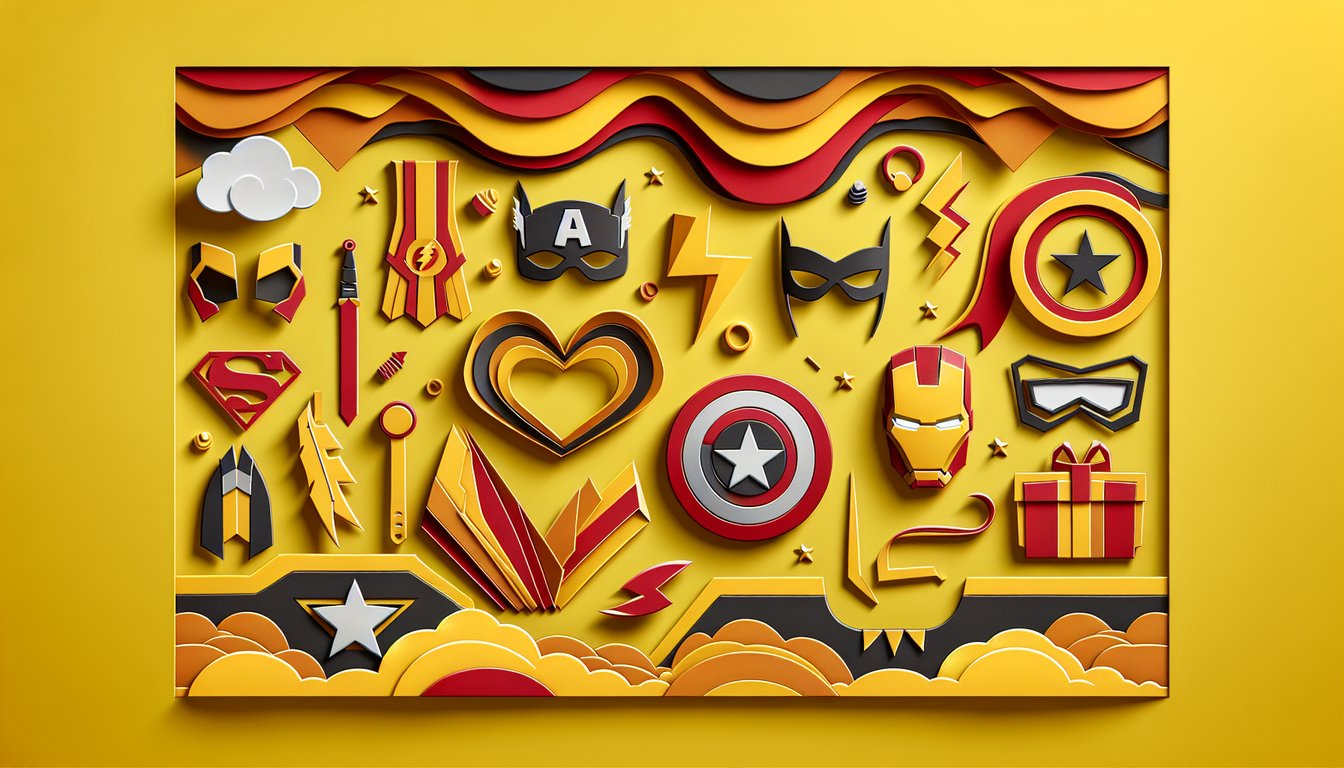Paper art style illustration golden yellow background Marvel soulmate quiz banner with male superhero silhouettes hearts