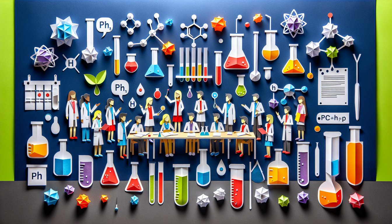 Paper art representing a trivia quiz on pH scale for high school chemistry students.