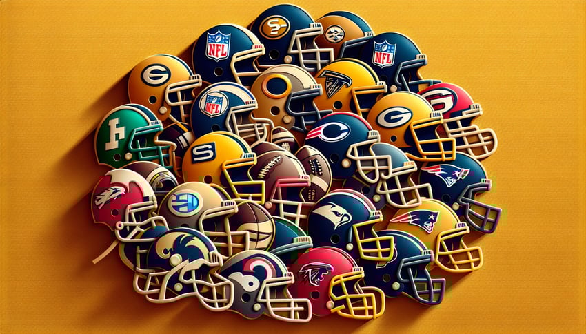 Paper art NFL helmets without names on golden yellow background for helmet to team matching quiz