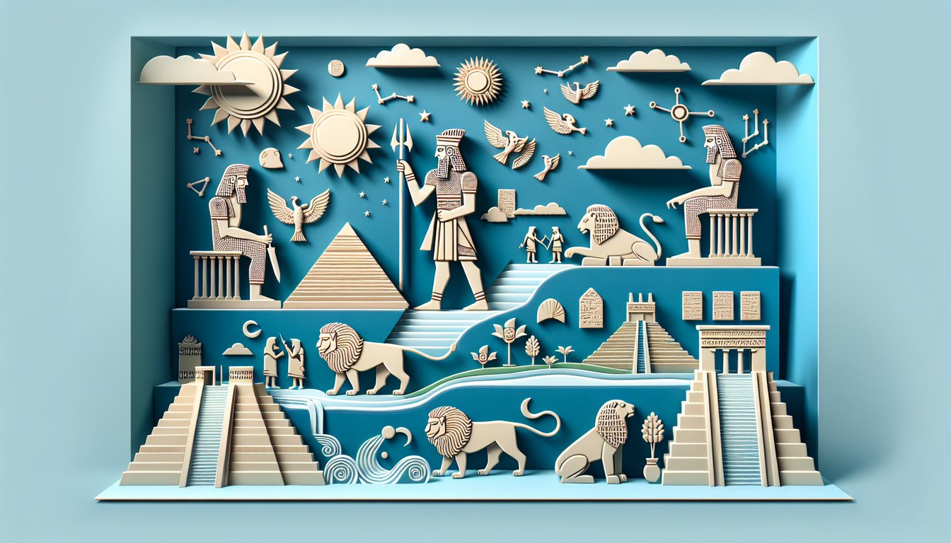 Paper art illustration showing Gilgamesh hero, flood scene, cuneiform tablets and quiz text on sky blue background