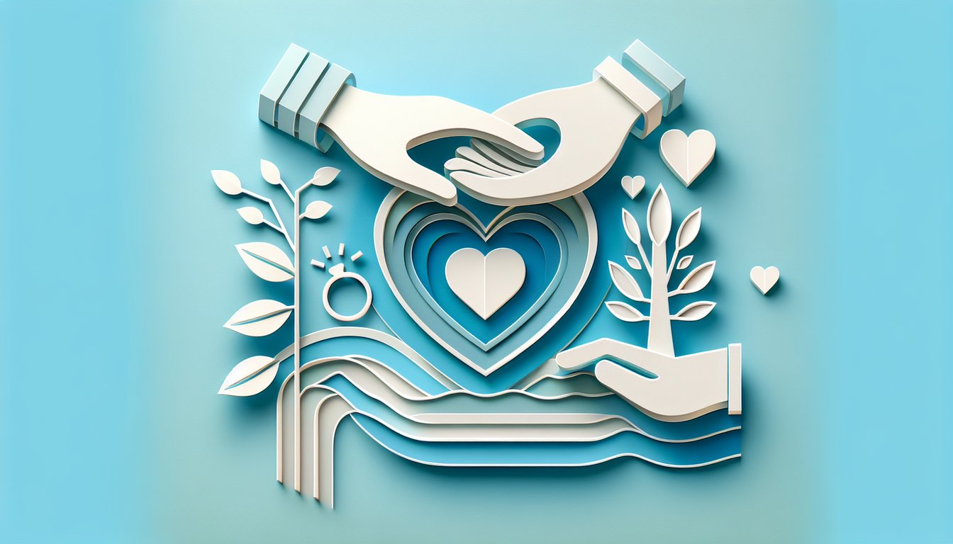 Paper art hearts and couple holding hands on sky blue background quiz invites couples to test marriage health free