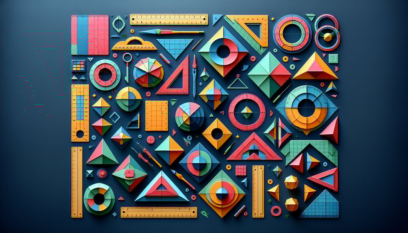 Colorful paper art promoting Shape Area Showdown, a geometry trivia quiz for middle school students.