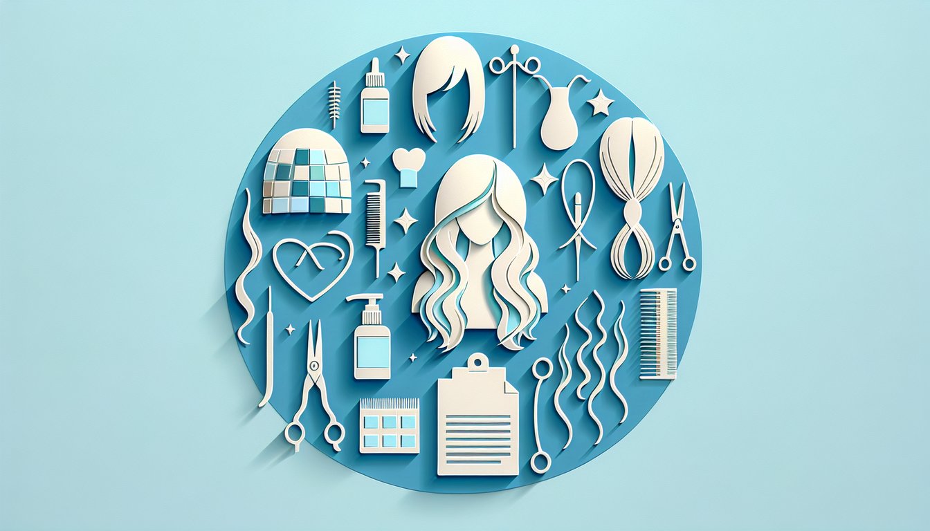 Paper art hair additions quiz on sky blue background with patch test methods, wig service costs, hairpiece ID
