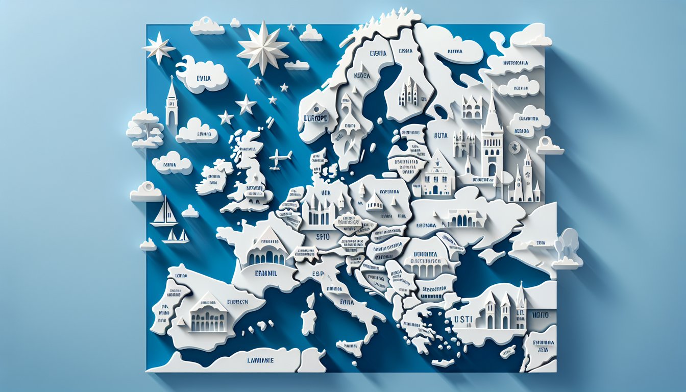 Europe map paper art on sky blue background with country outlines and quiz title inviting identification of every country