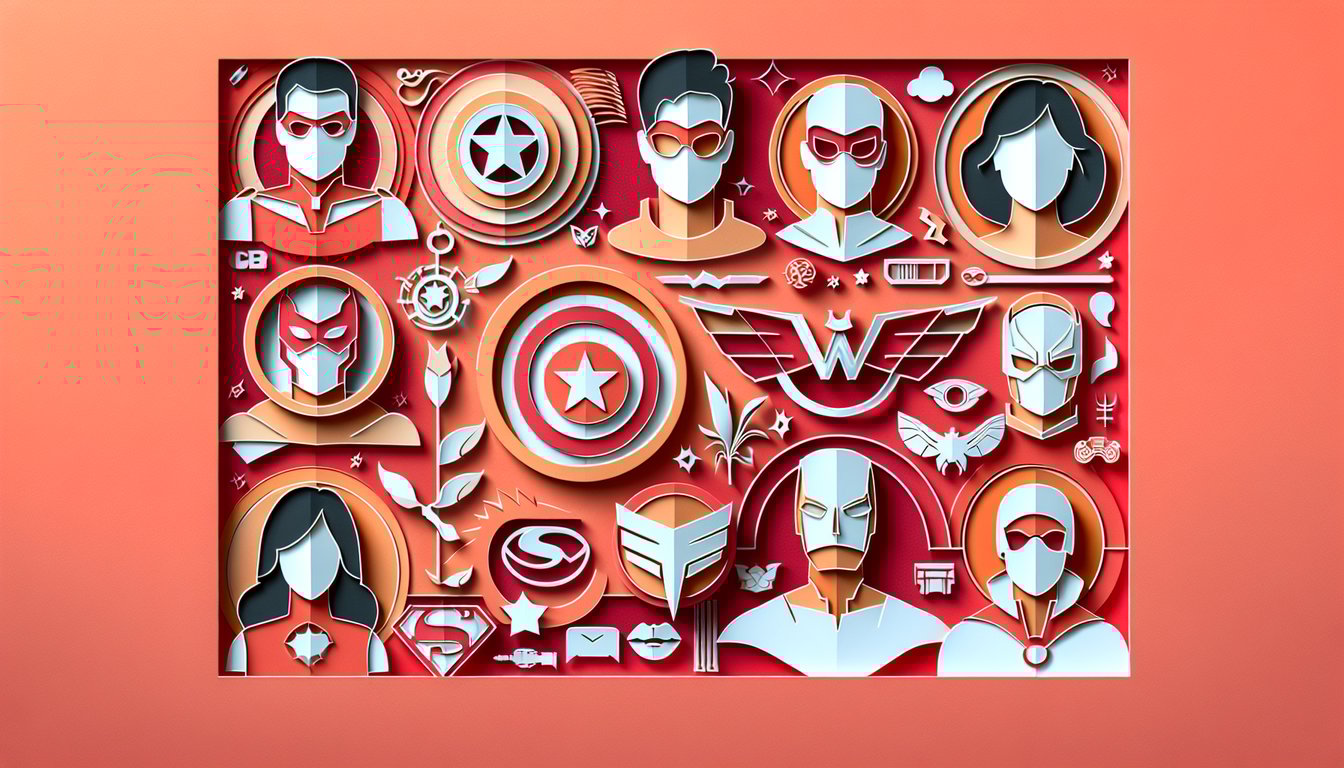 Layered paper art figures of Justice League heroes on coral background with quiz prompt to find your superhero match