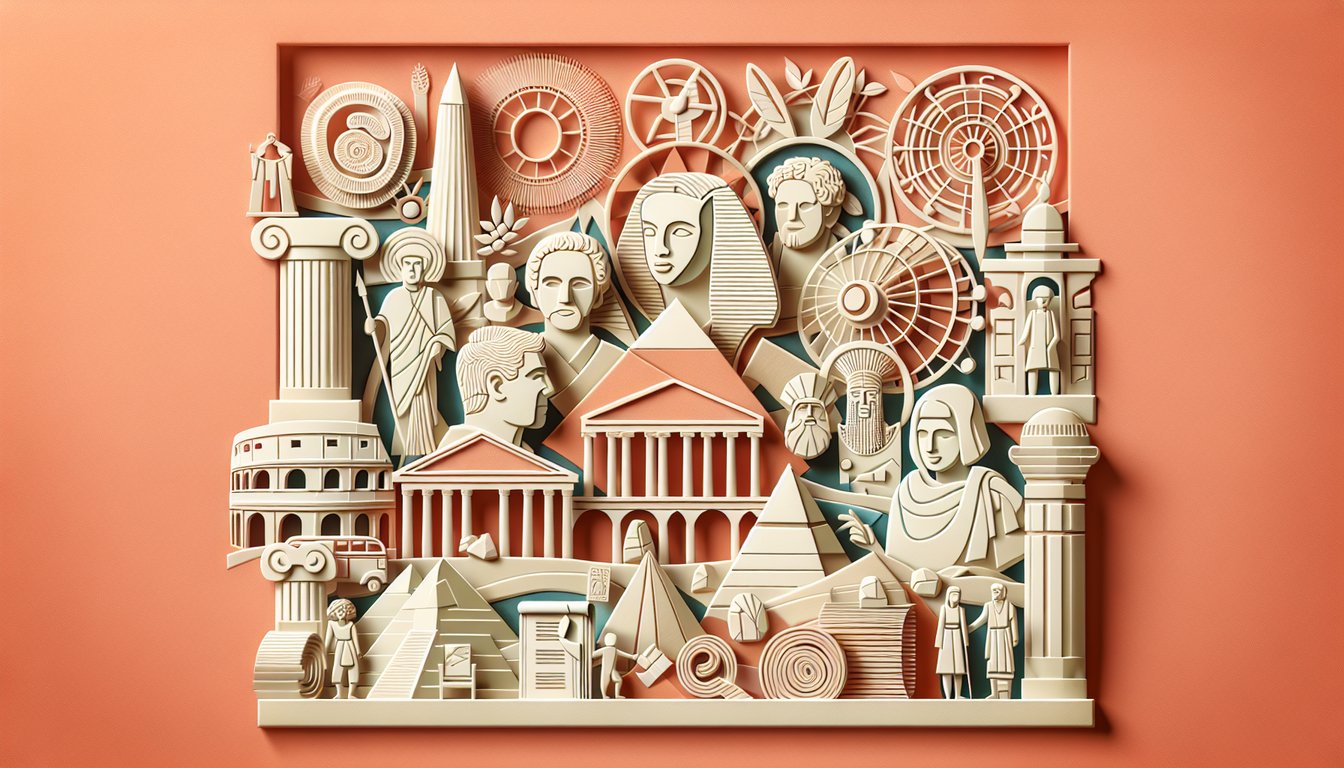 Paper art illustration of pyramids, temples and artifacts on coral background for Emergence of Civilizations quiz.
