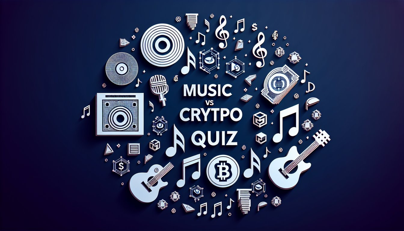 Colorful paper art depicting symbols for a Music vs Crypto Identification Quiz.